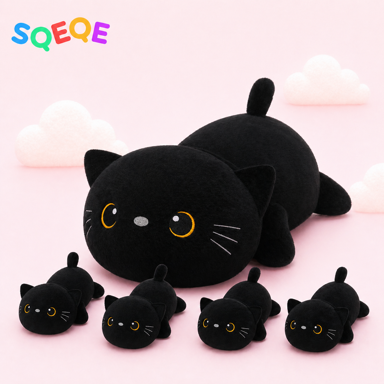 SQEQE cat stuffed animal with babies shown in a branded plush family set display