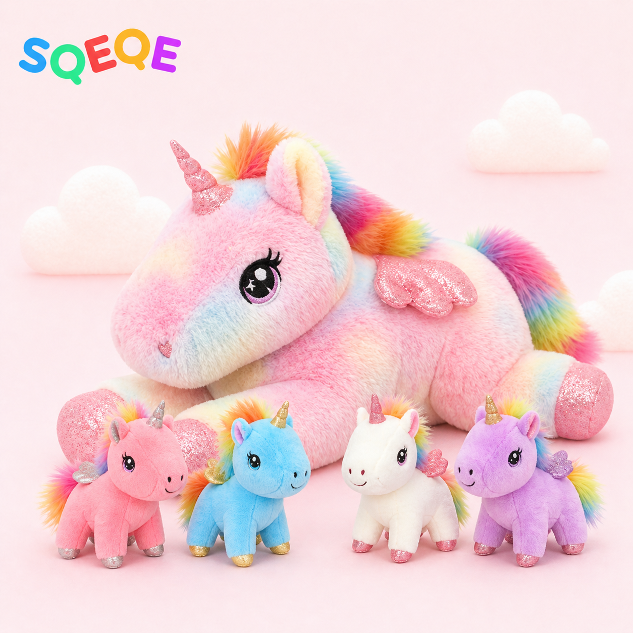 SQEQE unicorn stuffed animal with babies shown in a branded plush family set display