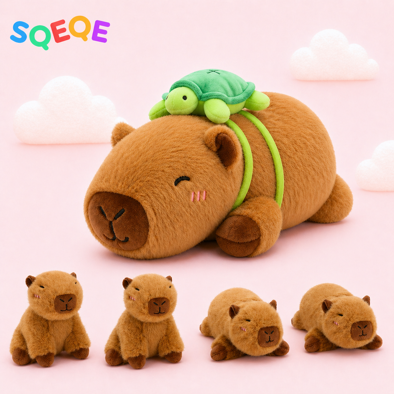 SQEQE weighted capybara stuffed animal displayed with four smaller matching plush toys on a plain background