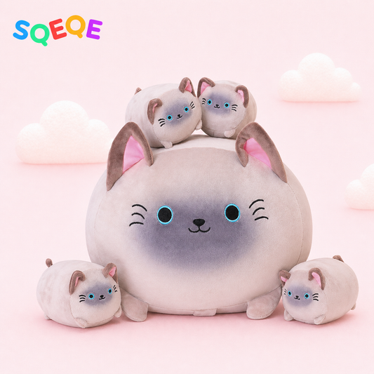 SQEQE Siamese cat stuffed animal with babies shown in a branded plush family set display