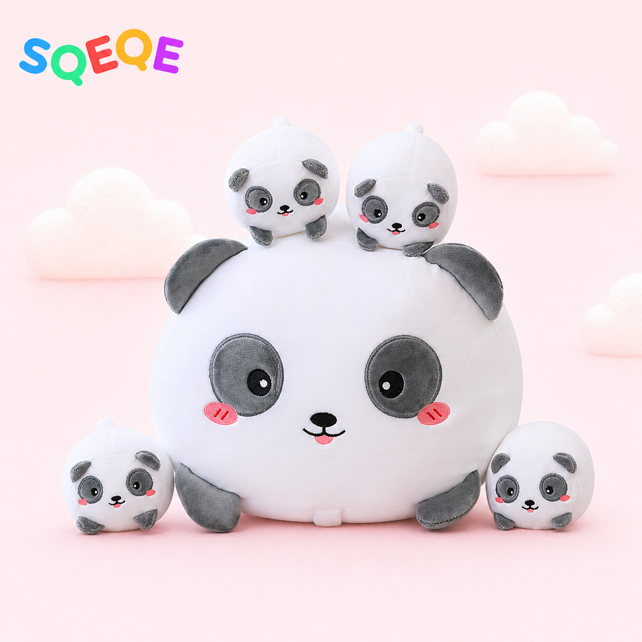 SQEQE panda stuffed animal with babies shown in a branded plush family set display