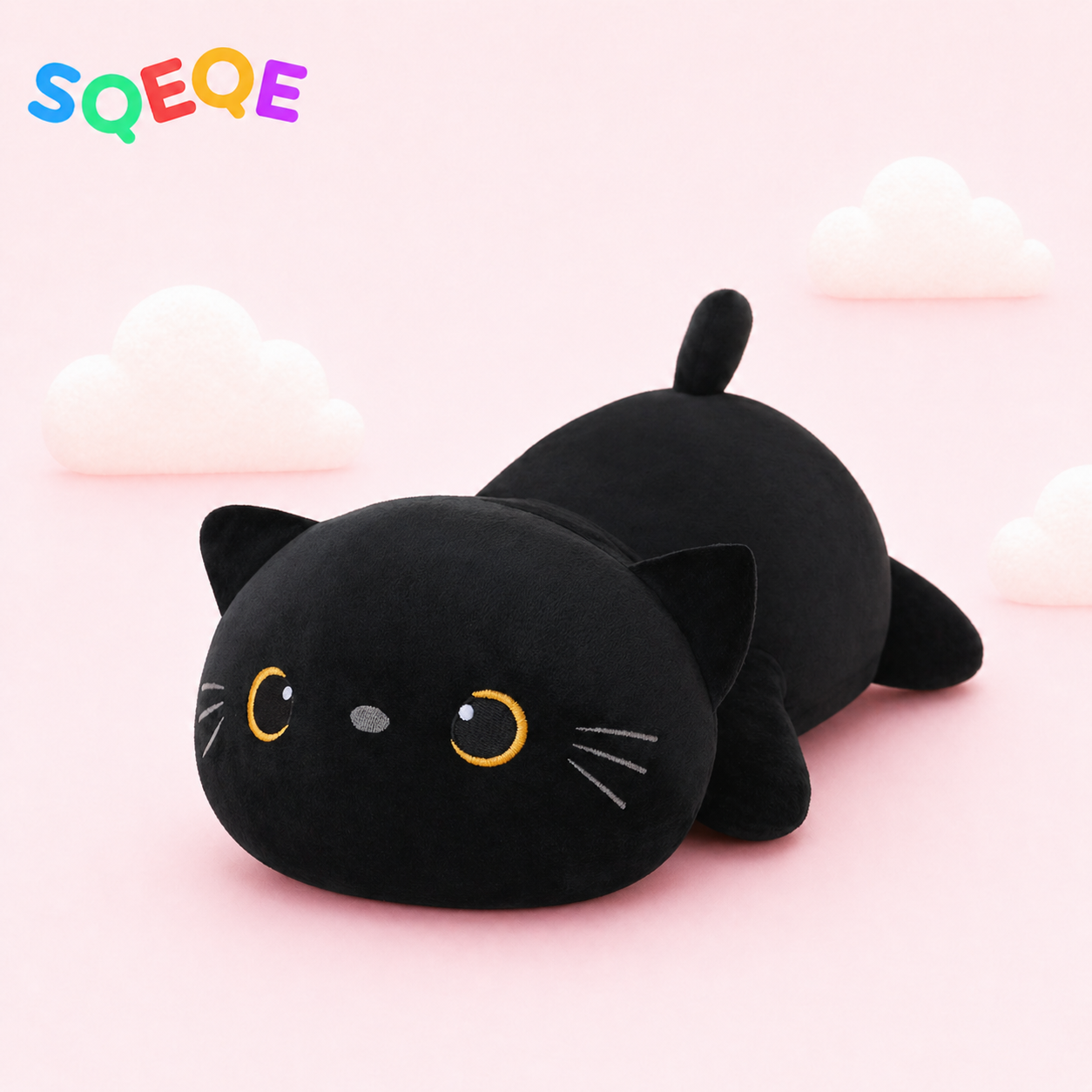 SQEQE weighted cat stuffed animal shown in a branded low profile product display