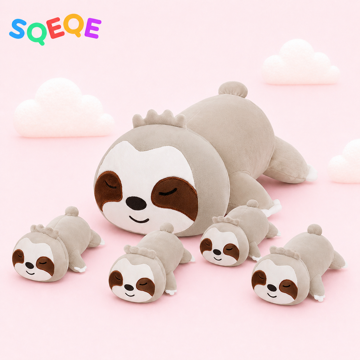 SQEQE sloth stuffed animal with babies shown in a branded plush family set display