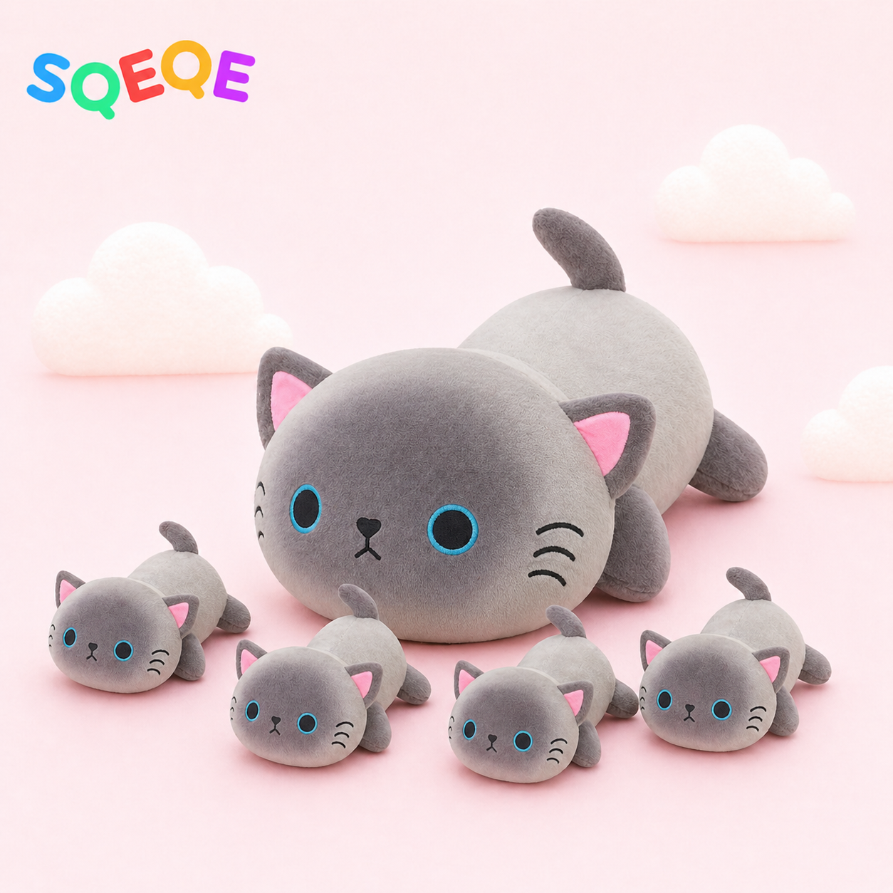 SQEQE Siamese cat stuffed animal with babies shown in a second branded cat plush family display