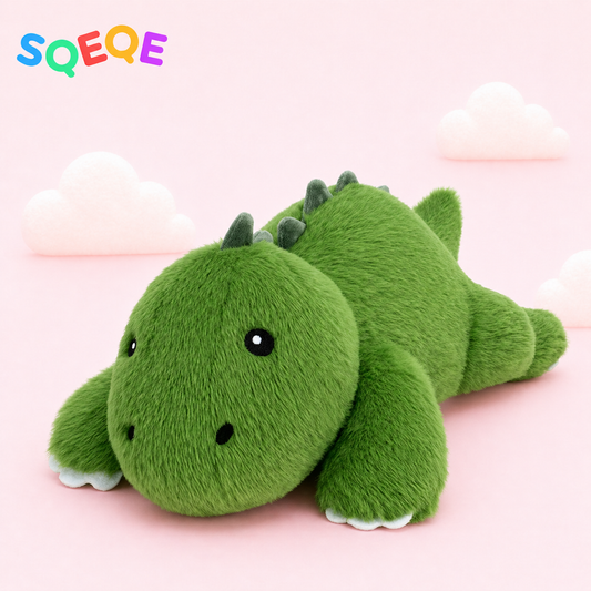 SQEQE weighted dinosaur stuffed animal shown in a branded low profile product display