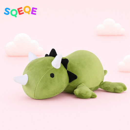 SQEQE giant triceratops stuffed animal shown in a branded long body product display