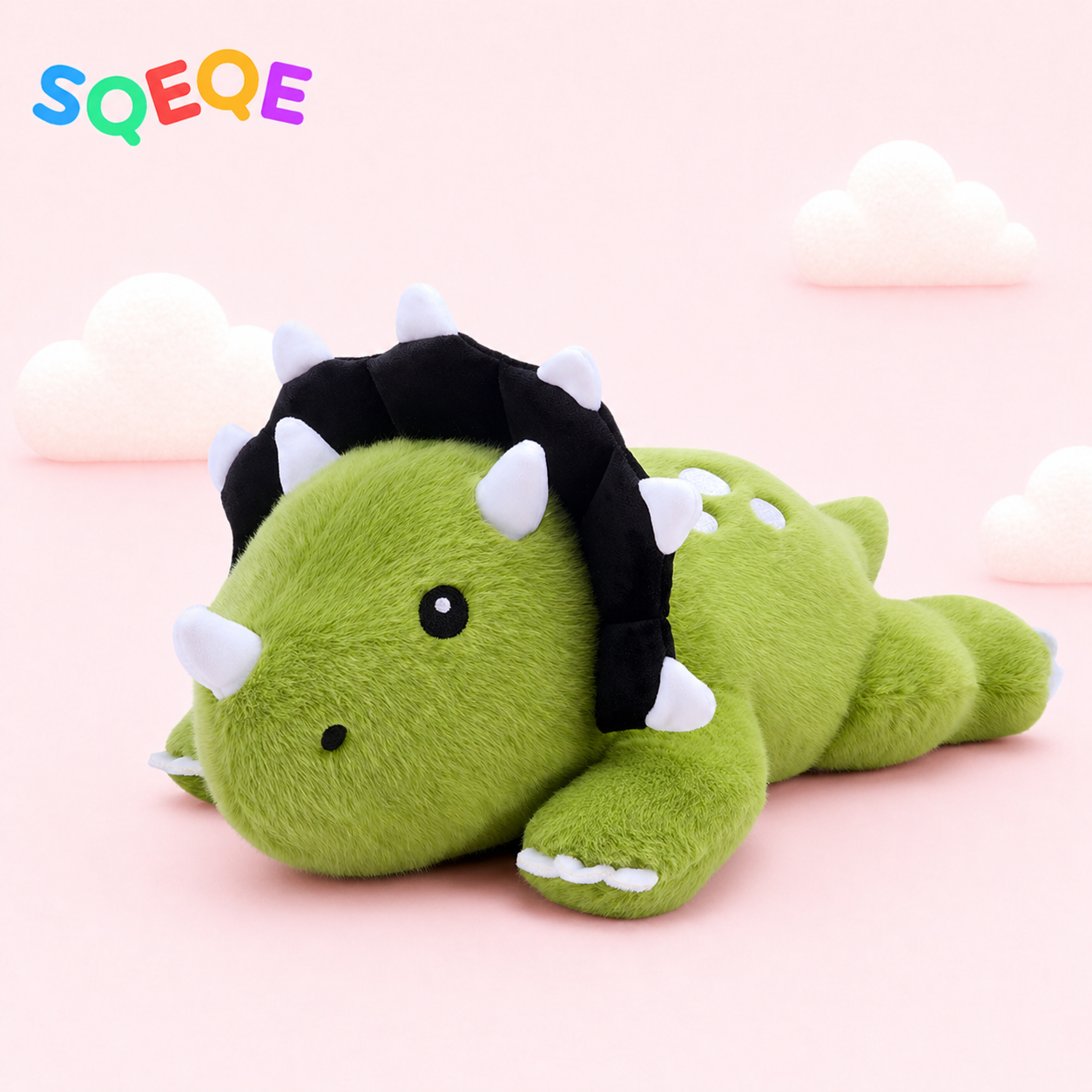 SQEQE weighted triceratops stuffed animal shown in a branded low profile product display