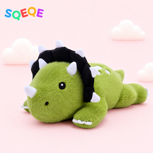 SQEQE weighted triceratops stuffed animal shown in a branded low profile product display