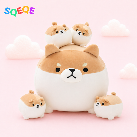 SQEQE Shiba Inu stuffed animal with babies shown in a branded plush family set display