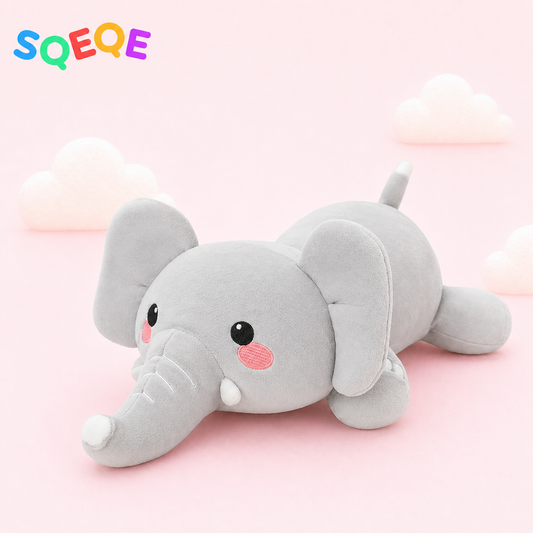 SQEQE weighted elephant stuffed animal shown in a branded low profile product display