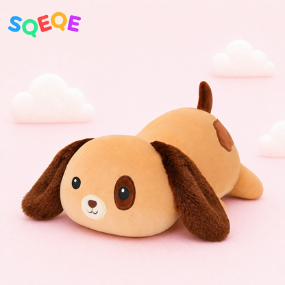 SQEQE weighted dog stuffed animal shown in a branded low profile product display
