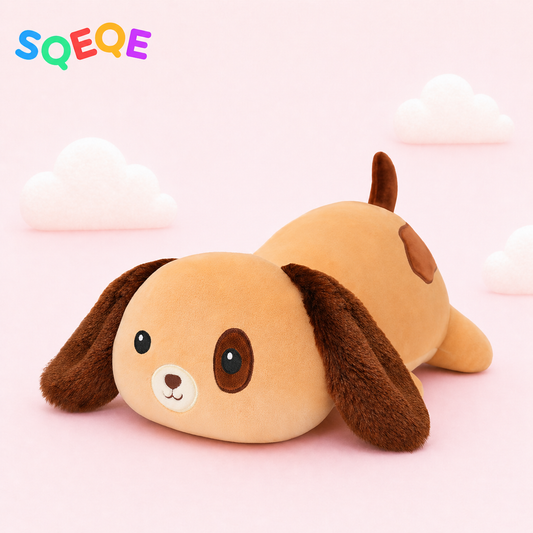 SQEQE weighted dog stuffed animal shown in a branded low profile product display