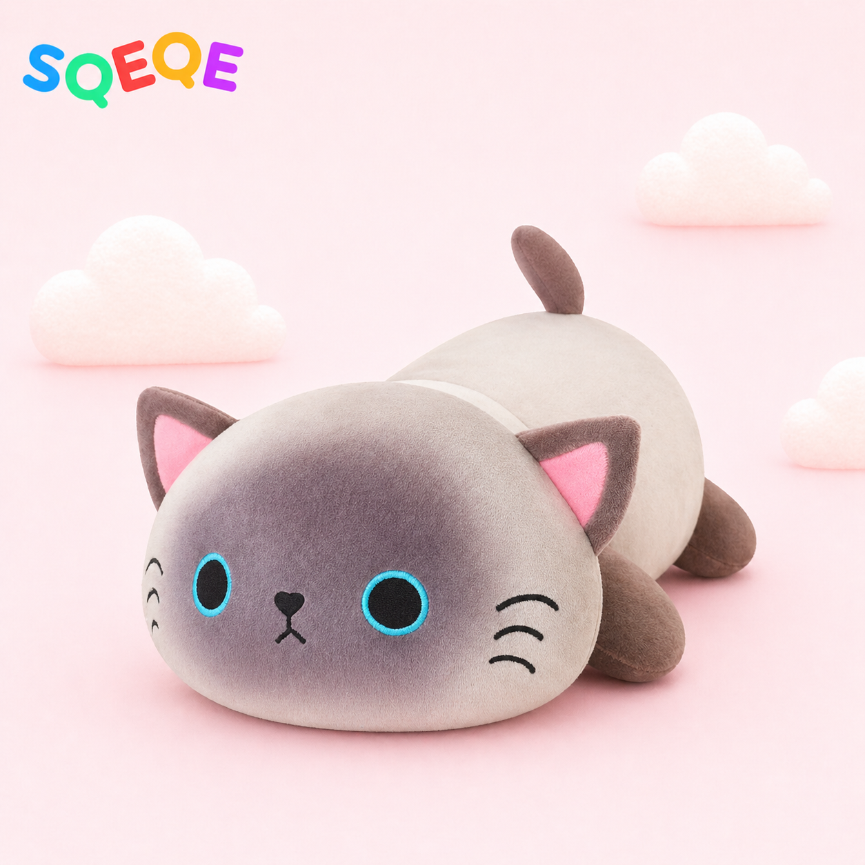 SQEQE weighted cat stuffed animal shown as an alternate cat design in a branded studio display