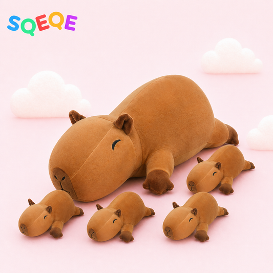 SQEQE capybara stuffed animal with babies shown in a branded plush family set display