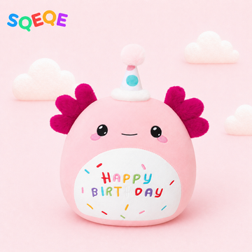 SQEQE birthday axolotl plush toy shown in a branded studio product display