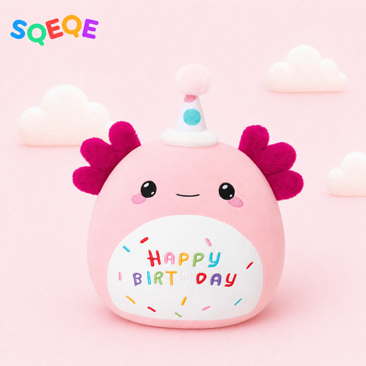 SQEQE birthday axolotl plush toy shown in a branded studio product display
