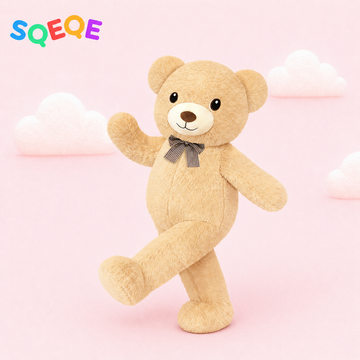 SQEQE giant teddy bear stuffed animal shown in a branded studio product display
