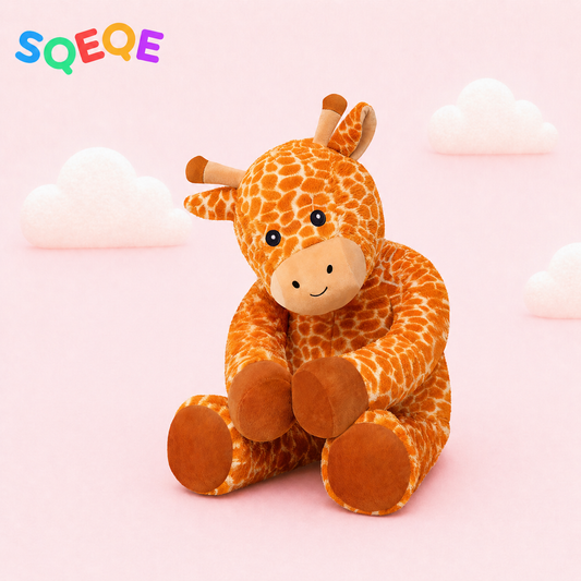 SQEQE giant giraffe stuffed animal shown in a branded studio product display