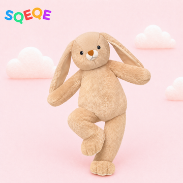 SQEQE giant bunny stuffed animal shown in a branded studio product display