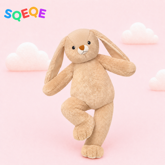 SQEQE giant bunny stuffed animal shown in a branded studio product display