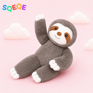SQEQE giant sloth stuffed animal shown in a branded studio product display