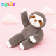 SQEQE giant sloth stuffed animal shown in a branded studio product display