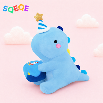 SQEQE birthday dinosaur stuffed animal shown in a second branded birthday studio view