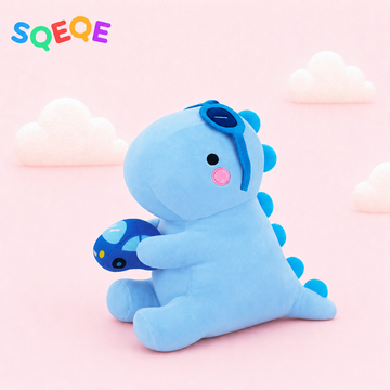 SQEQE dinosaur stuffed animal shown in a branded studio product display