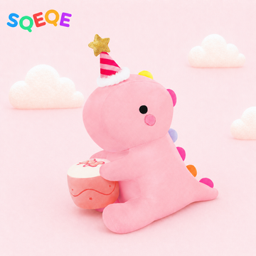 SQEQE birthday dinosaur stuffed animal shown in a branded birthday themed studio display