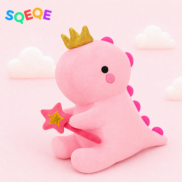 SQEQE dinosaur plush toy shown in a branded studio display with a rounded plush body