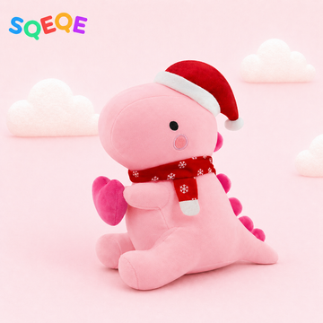 SQEQE Christmas dinosaur plush toy shown in a branded holiday studio display