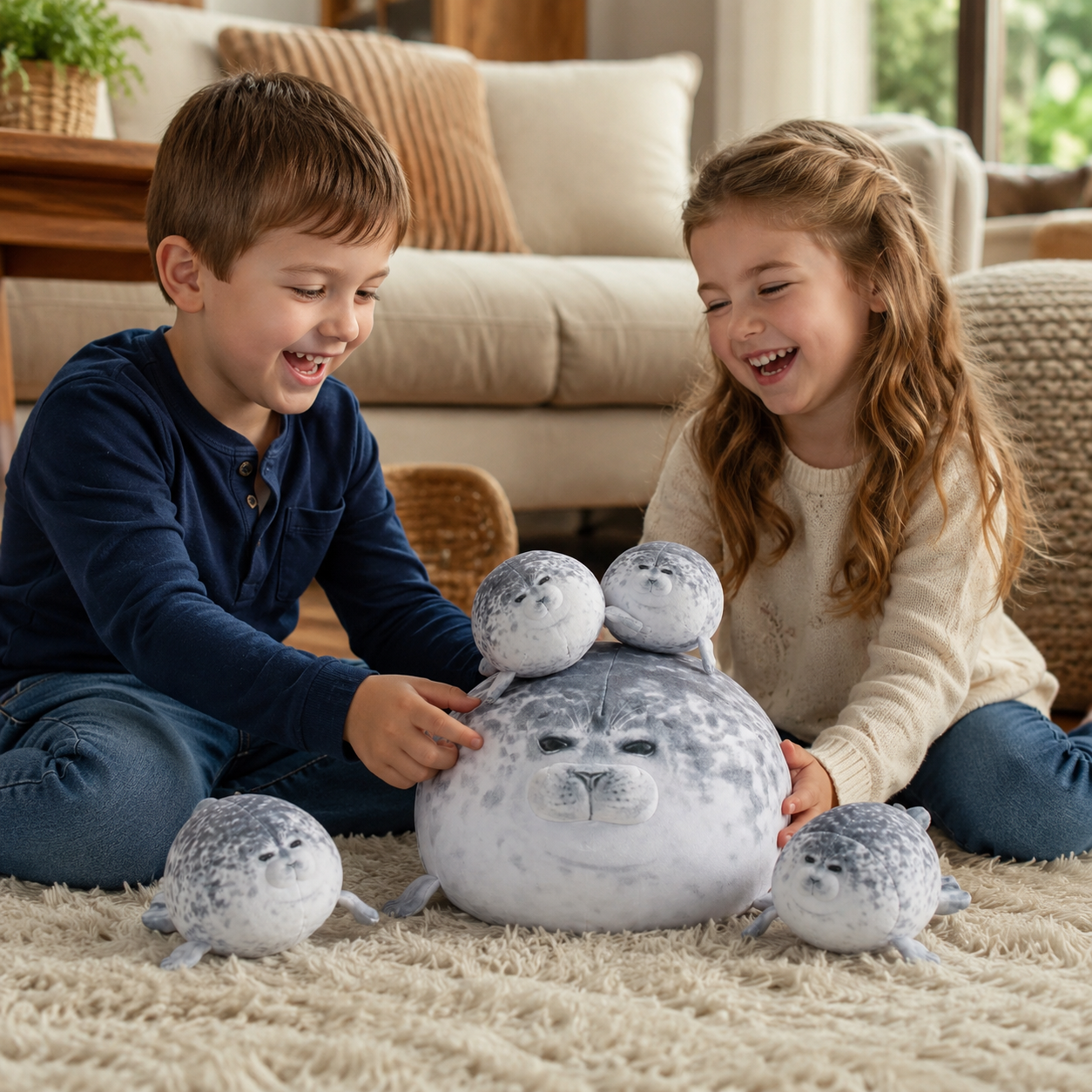 SQEQE seal stuffed animal with babies displayed with the baby plush toys stored inside