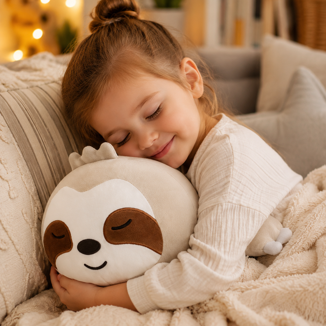 SQEQE weighted sloth stuffed animal hugged by a child under a blanket
