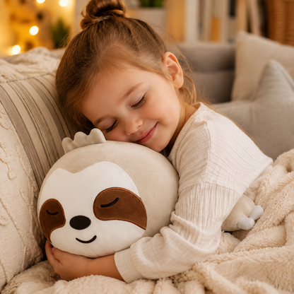 SQEQE weighted sloth stuffed animal hugged by a child under a blanket