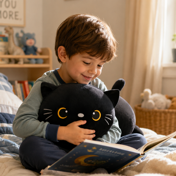 Black cat plush toy presented individually on a transparent background