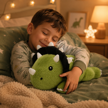 Green triceratops stuffed animal presented alone against a dark background
