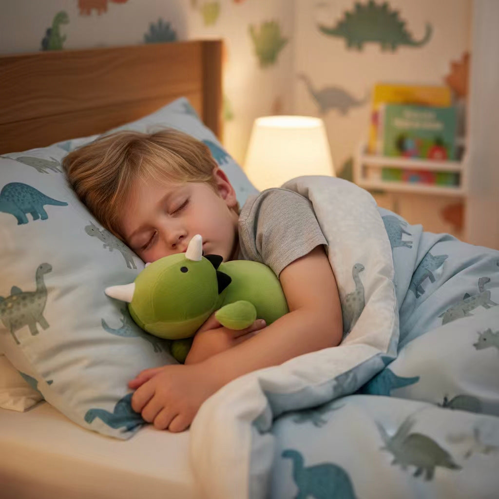 SQEQE giant triceratops stuffed animal hugged by a child at bedtime