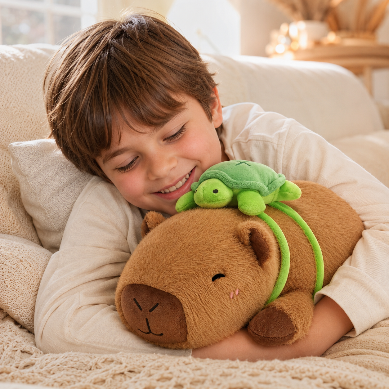SQEQE weighted capybara stuffed animal featured across gifting reading and bedtime scenes
