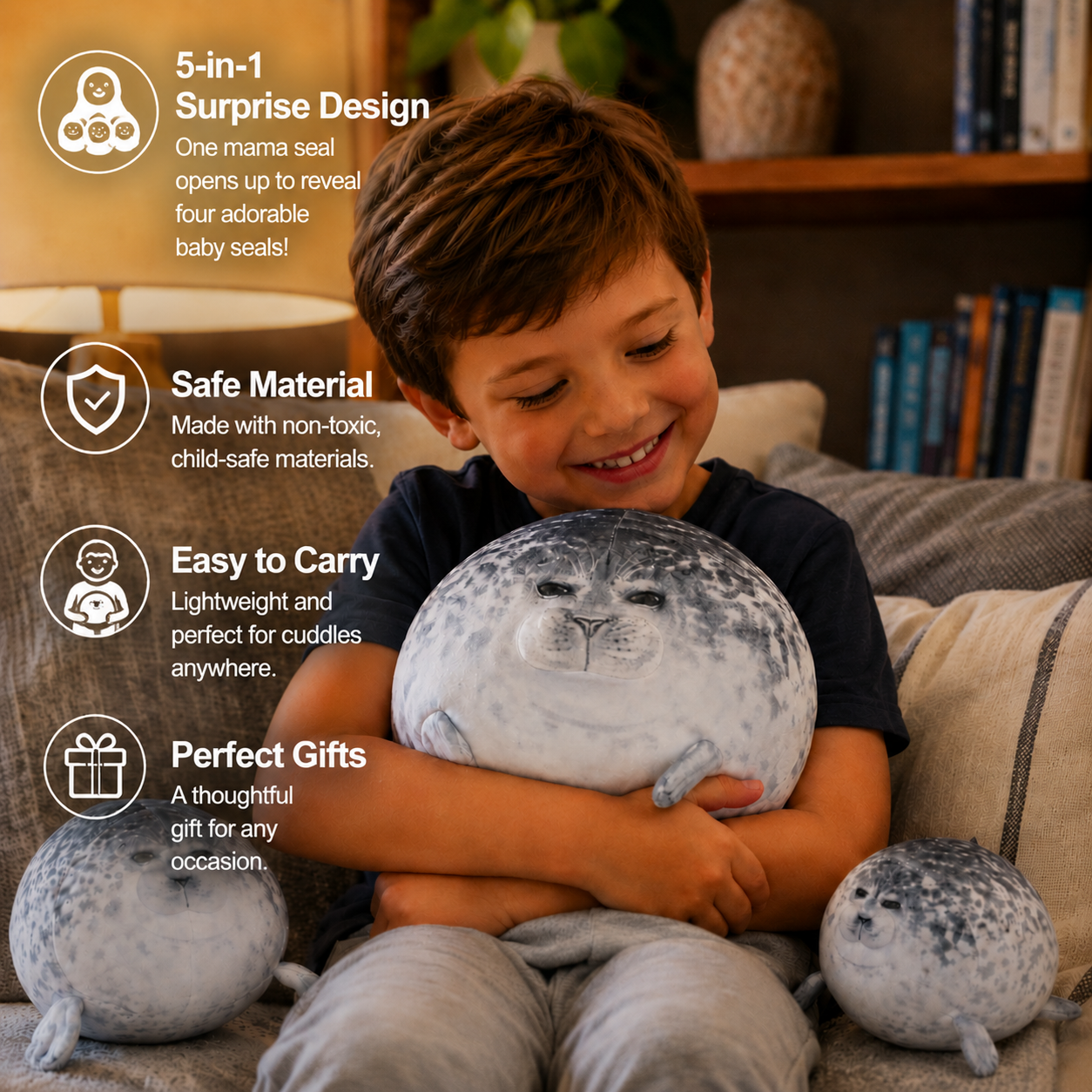 SQEQE seal stuffed animal with babies shown with full parent and baby plush measurements