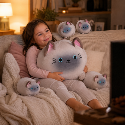 SQEQE Siamese cat stuffed animal with babies hugged by a child in a cozy bedroom scene