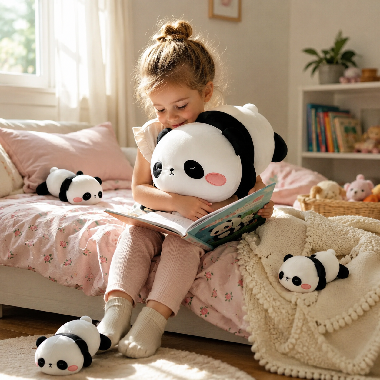 SQEQE panda stuffed animal with babies hugged by a child during reading time