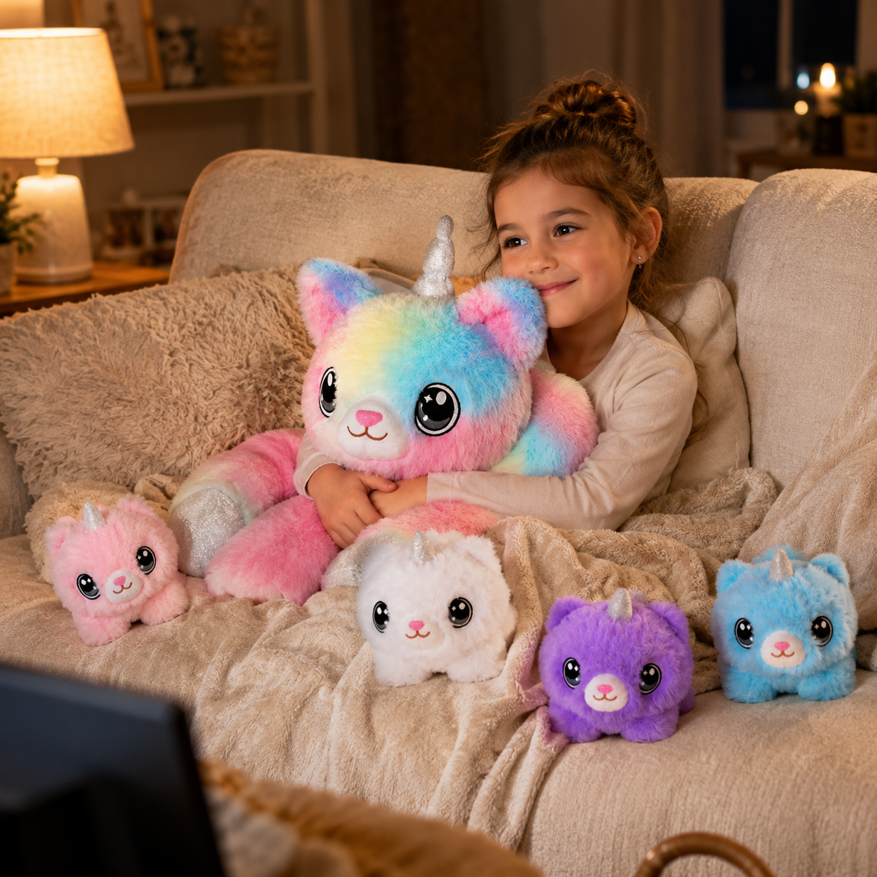 SQEQE caticorn stuffed animal with babies shared by a child in a cozy bedroom scene
