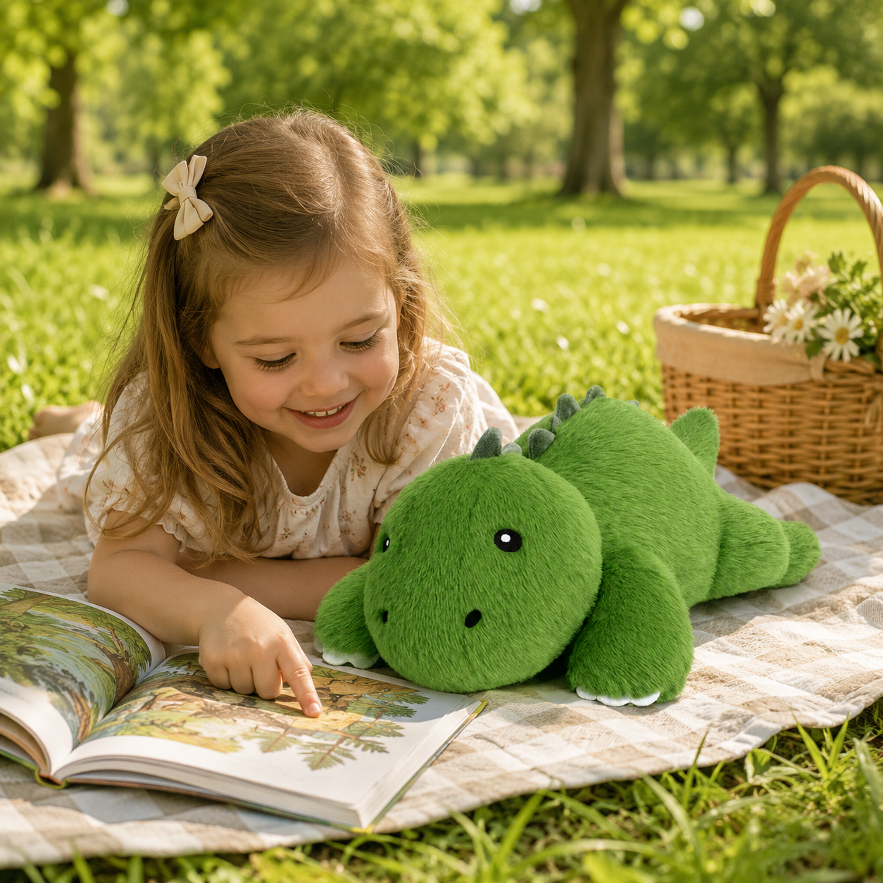 SQEQE weighted dinosaur stuffed animal shared by a child during outdoor reading time