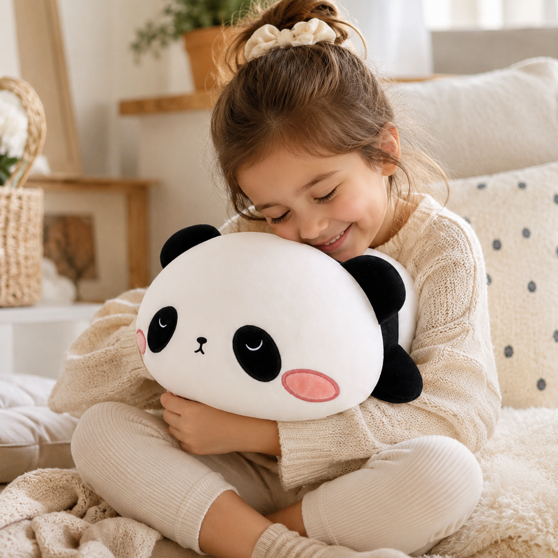SQEQE weighted panda stuffed animal hugged by a child under a blanket