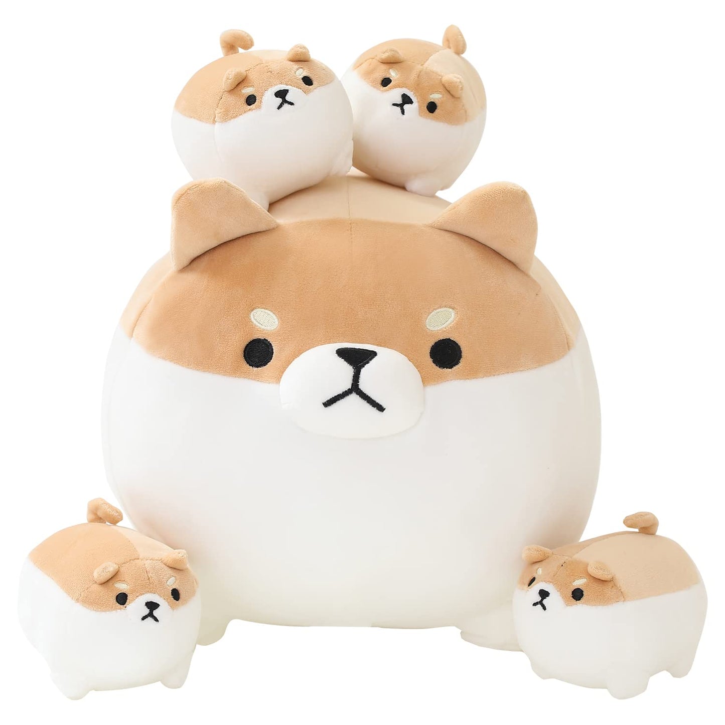 SQEQE Shiba Inu stuffed animal with babies shown with four baby plush toys on a plain background