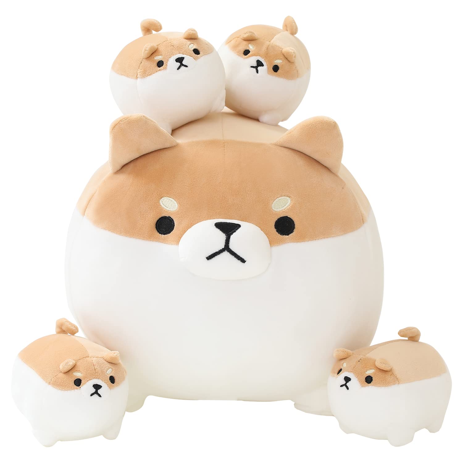 SQEQE Shiba Inu stuffed animal with babies shown with four baby plush toys on a plain background