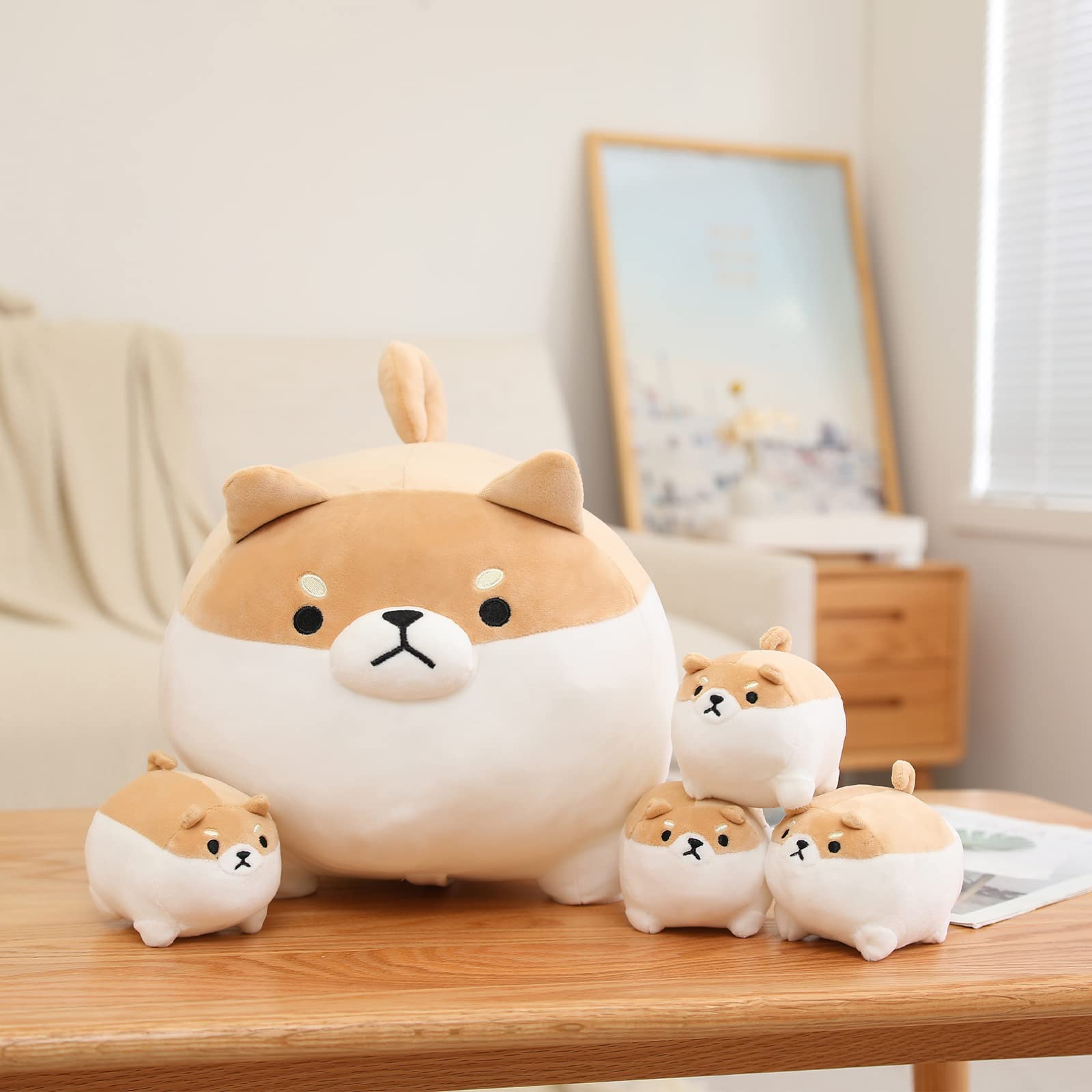 SQEQE Shiba Inu stuffed animal with babies arranged with four baby dog plush toys on a table