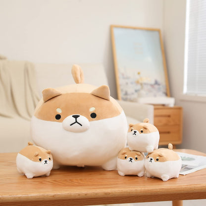 SQEQE Shiba Inu stuffed animal with babies arranged with four baby dog plush toys on a table