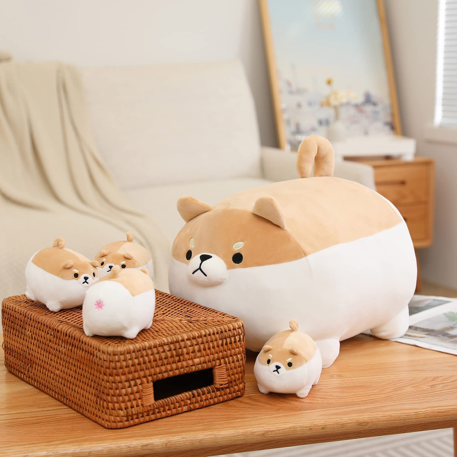 SQEQE Shiba Inu stuffed animal with babies displayed in a storage and home decor scene