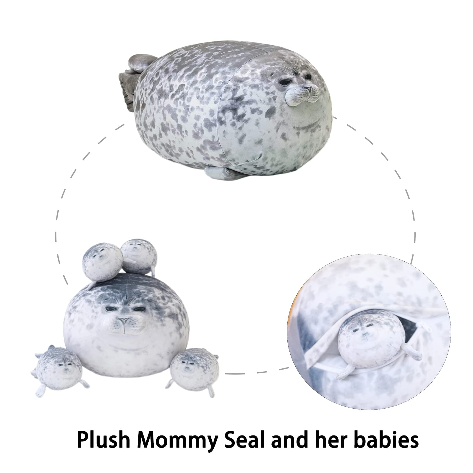 SQEQE seal stuffed animal with babies shared by a child during relaxed sofa play